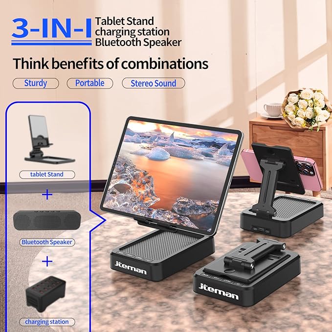 JTEMAN Tablet Stand Adjustable with Bluetooth SpeakersKitchen GadgetsGifts for Women MenWireless Bluetooth Speaker Tablet HolderDesk Mic Charging Sation Compatible with Phones and Tablet