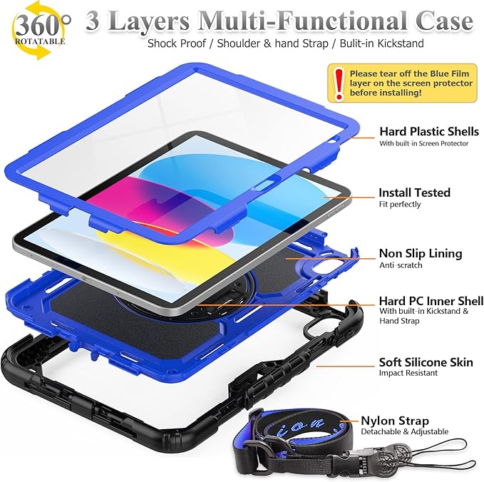 SEYMAC stock Case for iPad (A16) 11th/10th Generation 11''/10.9'' 2025/2022 Full-Body Drop Protection Case with Screen Protector &amp360° Rotate Hand Strap/Stand Blue+Black