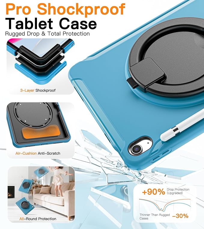 BATYUE Shockproof Case for iPad 10th Gen 10.9 2022 / 11th Gen (A16) 11 2025 | 360° Multi-Angle Stand (Portrait &amp Landscape) &amp Grip Built-in Screen Protector Pencil Holder Lake Blue