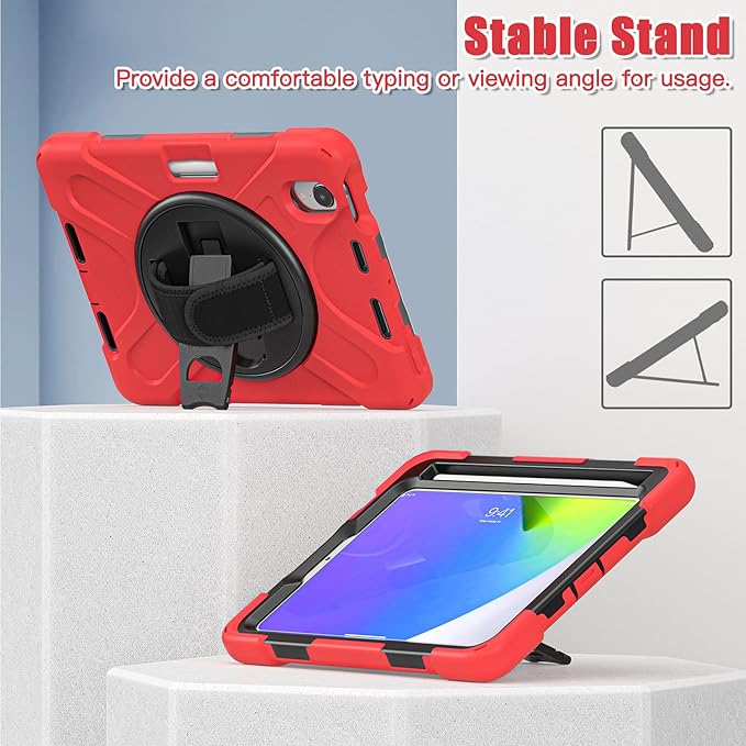 ZenRich Shockproof Case for iPad mini 7 (A17 Pro) 2024/ iPad mini 6th 2022 Heavy Duty Rugged Case with Pencil Holder/360°Rotating Kickstand/Handle/Carrying Shoulder BeltRed