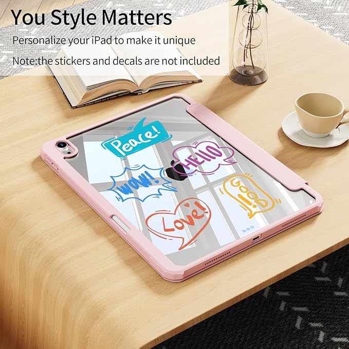 KENKE Smart Case for iPad (A16) 11th Generation 11 Inch 2025/10th Gen 10.9 Inch 2022 with Pencil Holder Trifold PU Stand Clear Hard PC Back &amp TPU Shockproof Frame Cover Auto Wake/Sleep Pink