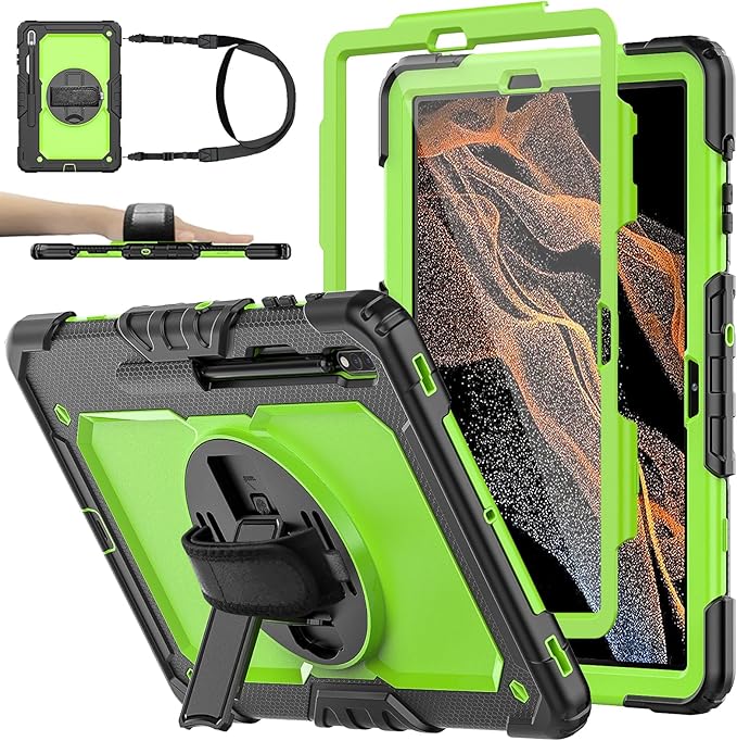 Case for Samsung Galaxy Tab S8 Plus 2022/S7 FE/S7 Plus 5G 12.4-inch Tablet Case Protective [with Screen Protector] Rotatable Kickstand S Pen Holder Hand/Shoulder Strap (Green)