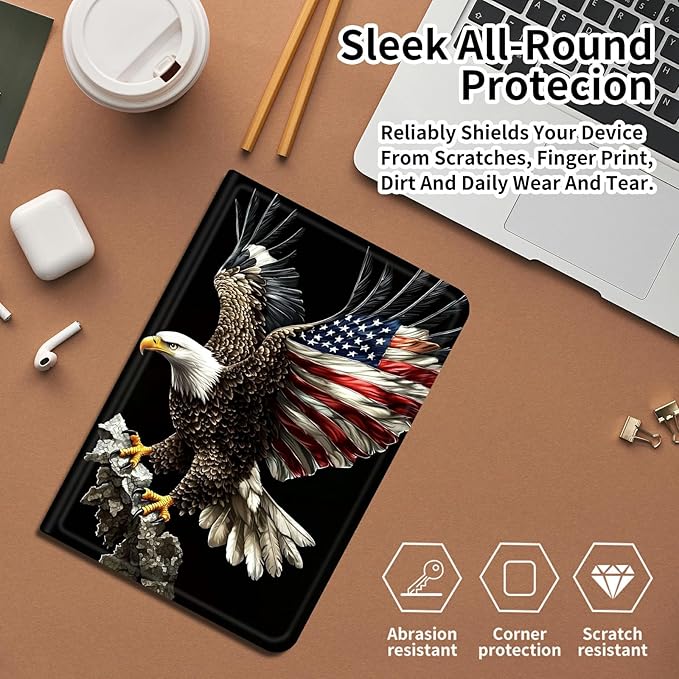 DIGTIALLL Case for Amazon Kindle Fire 7 Tablet Case (12th Gen 2022 Release) PU Leather Smart Protective Cover with Auto Sleep/WakeFlying Eagle with Flag