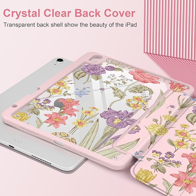 DONGKE Case for iPad Air 11-inch M4 2026 &amp M3 2025 &amp M2 2024 iPad Air 5th/4th Generation 10.9 2022/2020 [Built-in Pencil Holder] Clear Acrylic Back Trifold Stand Smart Cover Pink Botanical