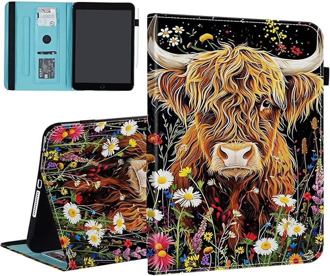 Case for Samsung Galaxy Tab S9 FE 5G 10.9 Inch/Galaxy Tab S9 11 Inch 2023Card Slot PU Leather TPU Case Pen Holder Auto Wake SleepHighland Cow Flowers