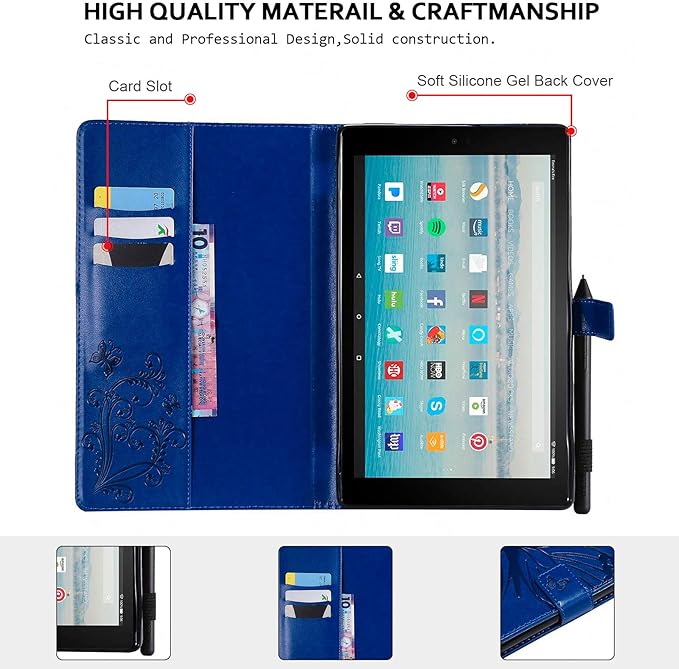 Wallet Case for Fire HD 10 (9th/7th/5th Generation 2019/2017/2015) Techcircle Butterflies Embossed Stand Folding Cover with Card/Cash Holder for Amazon Fire HD 10.1 Tablet Auto Sleep/Wake Navy