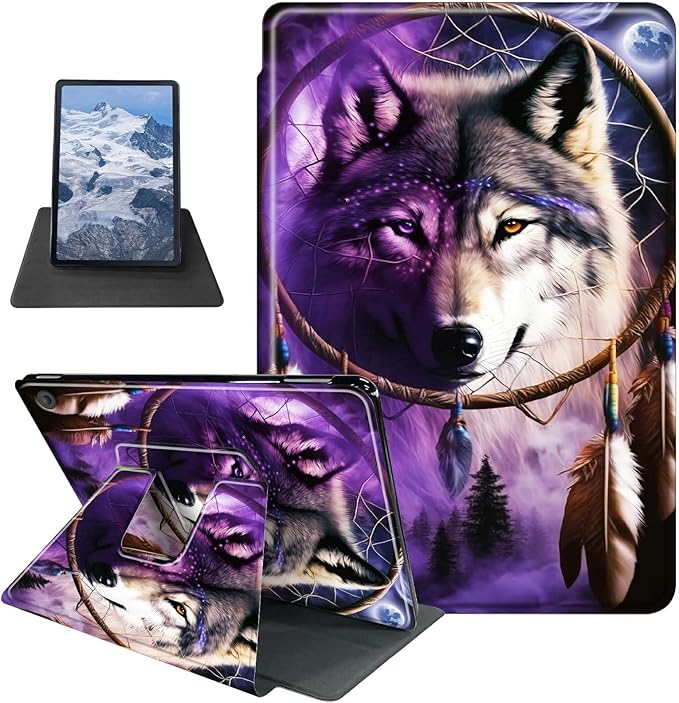 Case for Kindle Fire HD 8 Tablet (8th/7th/6th Generation 2018/2017/2016 Release) Dream Chasing Wolf Theme 360 Degree Rotating Stand Protective Cover with Auto Sleep/Wake for HD 8 Tablet