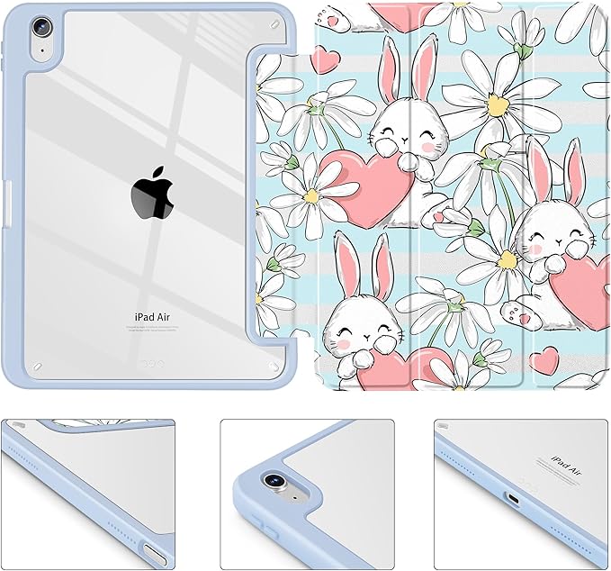 May Chen Case for iPad Air 13 Inch M4 2026 M3 2025 M2 2024 [Built-in Pencil Holder] Shockproof Cover with Clear Transparent Back Shell Auto Sleep/Wake Cover Heart Rabbits