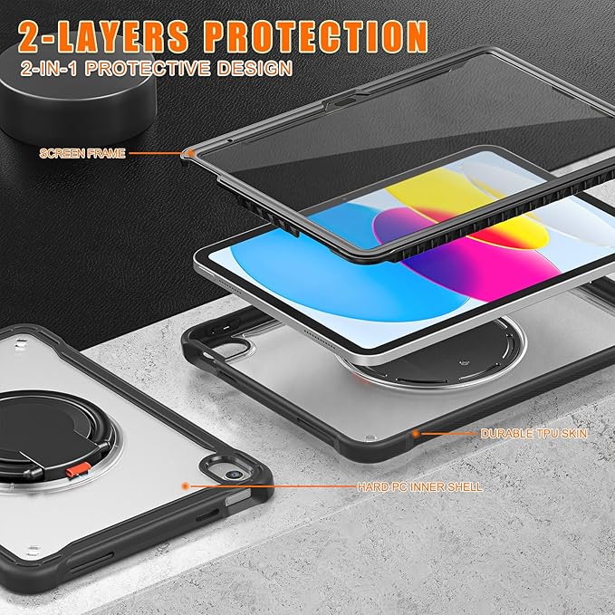Batianda Ultimate Protective Case for New iPad 11th Generation 11 inch 2025 A16 Chip Sturdy Rugged Shockproof Silicone Tablet Cover with 360° Rotatable Ring Kickstand &amp Pencil Holder Black