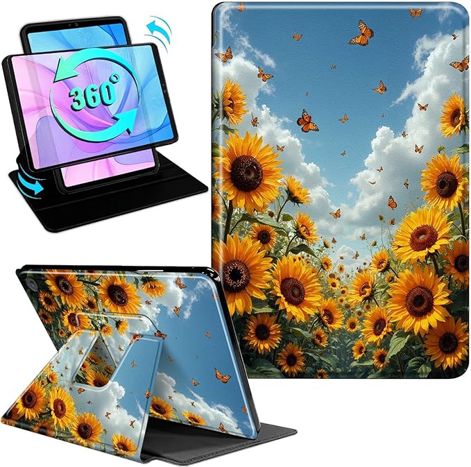 Case for Kindle Fire HD 8 &amp 8 Plus Tablet(12th/10th Gen 2024/2022/2020) 360 Degree Rotating Swivel Stand Flip Cover with Auto Sleep/Wake Sunflower Field