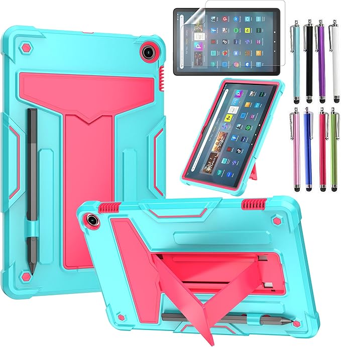 Case for Amazon Fire Max 11 (13th Generation 2023 Released) - Heavy Duty Hybrid Protective Case Cover with Kickstand + 1 Screen Protector and 1 Random Stylus (Teal/Pink)