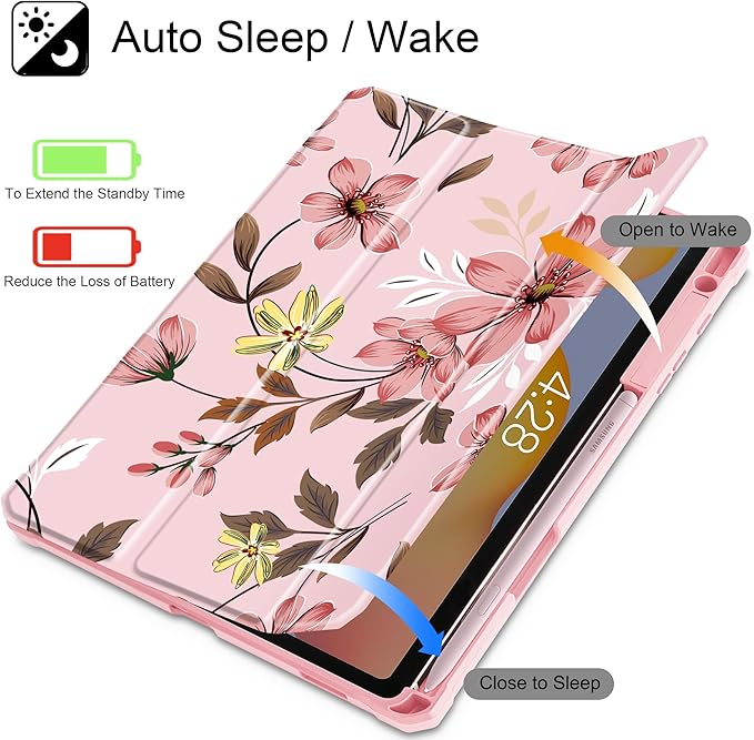 Mektron Case for Samsung Galaxy Tab S6 Lite 10.4 Inch 2024/2022/2020 with S Pen Holder Multi-Angle Viewing with Shockproof Cover Clear Shell + Trifold Stand + Auto Wake/Sleep Floral C293
