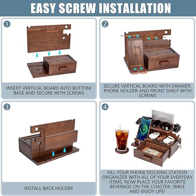 Wood Phone Docking Station with Drawer Compatible with Apple Watch - Wood Charging Station Organizer Stand Bedside Nightstand Organizer for Men Holds Phone Tablet Keys Glasses EDC