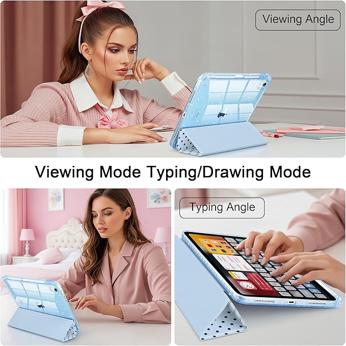 TWOLSKOO Sparkly Case for iPad Pro 11 inch (M5 2025 / M4 2024) Glitter Hard Acrylic Back with Pencil Holder Slim Trifold Stand Folio Cover Auto Sleep/Wake Blue Polka Dot