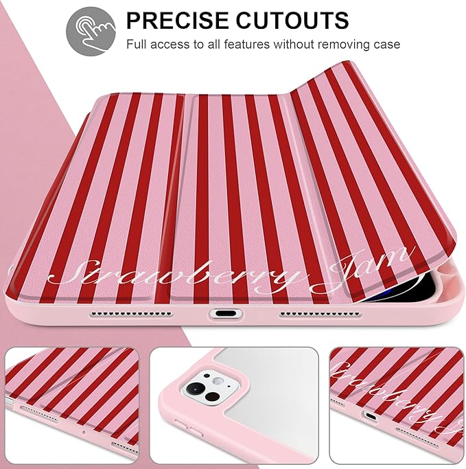 Case for iPad Pro 13 inch (M5) 2025 (M4) 2024 Release Cute Red Pink Striped Trifold Stand Cover with Clear Back Auto Wake Sleep Aesthetic Preppy Design for Girls Women Stripe