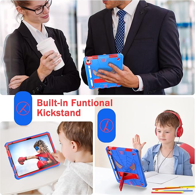 Dteck for iPad A16 Kids Case BoysCute Cartoon Spider Child Friendly Hard Kickstand Cover with Pencil Holder Shoulder Strap Shockproof Rugged Protective 10.9 10 Gen Cool CaseBlue/Red
