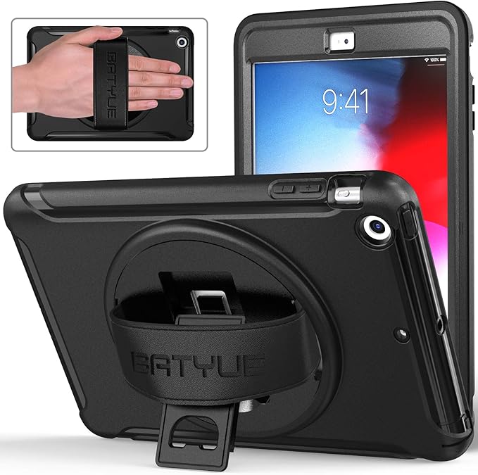 BATYUE Shockproof Case for iPad mini 1/2/3 (2012/2013/2014) - 360° Multi-Angle Stand (Portrait &amp Landscape) &amp Grip Multi-Scene for All Ages Black