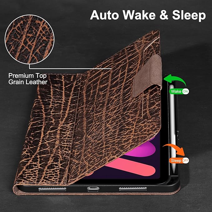 Gexmil Premium Leather Case for iPad mini 7 (A17 Pro) 2024 / iPad mini 6 Generation 2021 8.3 InchPencil Holder Magnetic ClosureShockproof Cowhide CoverAdjustable StandBuffalo Brown