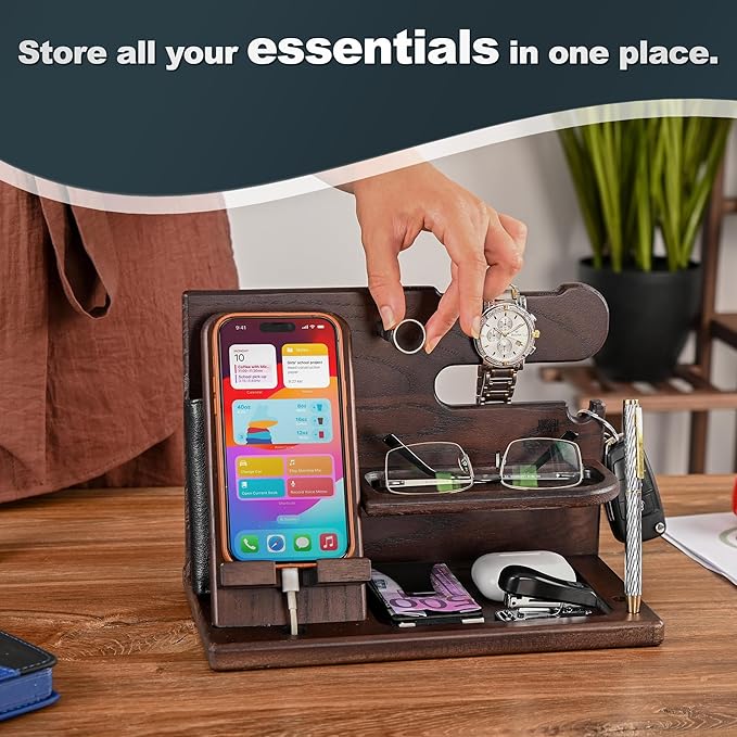 TESLYAR Wood Phone Docking Station for Men - Desk or Nightstand Organizer - Birthday Gifts for Husband Dad - Anniversary Idea from Wife - Key Holder Stand Wallet Watch &amp Essentials (Wenge)