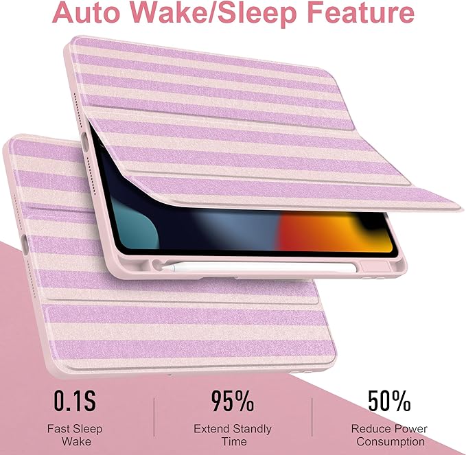 DONGKE for iPad 9th/8th/7th Generation Case 10.2 Inch (2021/2020/2019) [Auto Sleep/Wake &amp Pencil Holder] Clear Acrylic Back Trifold Stand Cover Pink Stripes