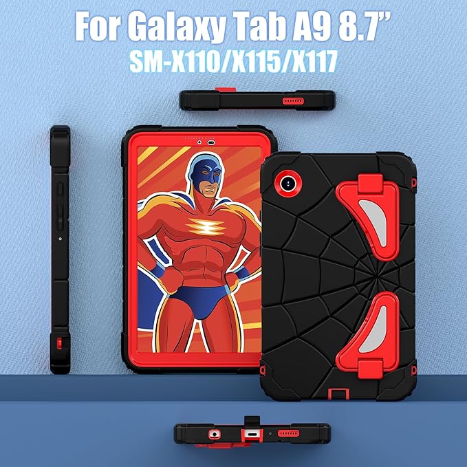 DreamerX for Samsung Galaxy Tab A9 Case 8.7 Inch 2023 (SM-X110/X115/X117) Heavy Duty Rugged Shockproof Silicone Cute Kawaii Protective Cover for Kids Boys w/Stand Carrying Shoulder Strap Black Red
