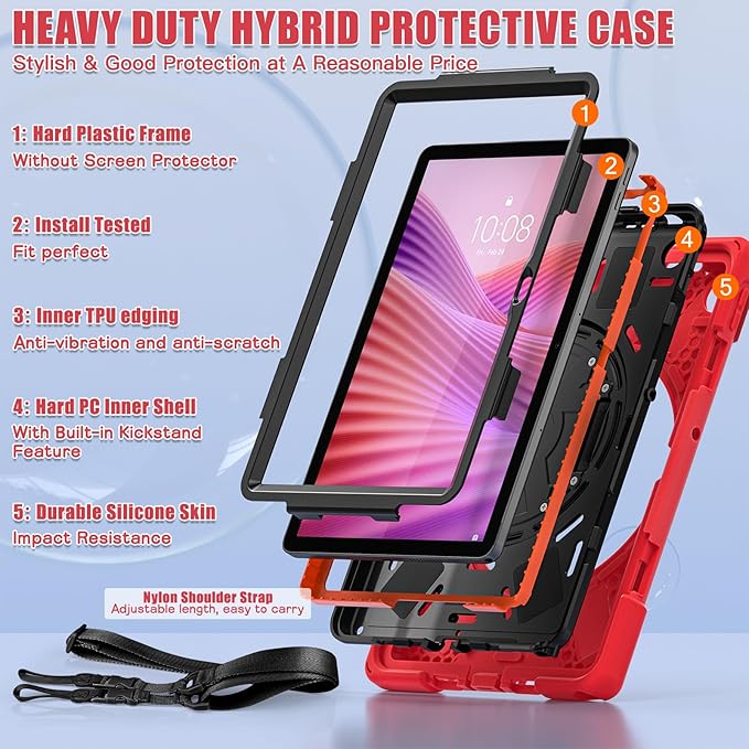 Tablet Case Compatible with Lenovo Tab 10.1(TB-311XU) /K10C TB311FU 2025 Case Protective Heavy Duty Rugged Shockproof Drop Protection Cover Shoulder Strap for Kids Silicone Cover(Red)