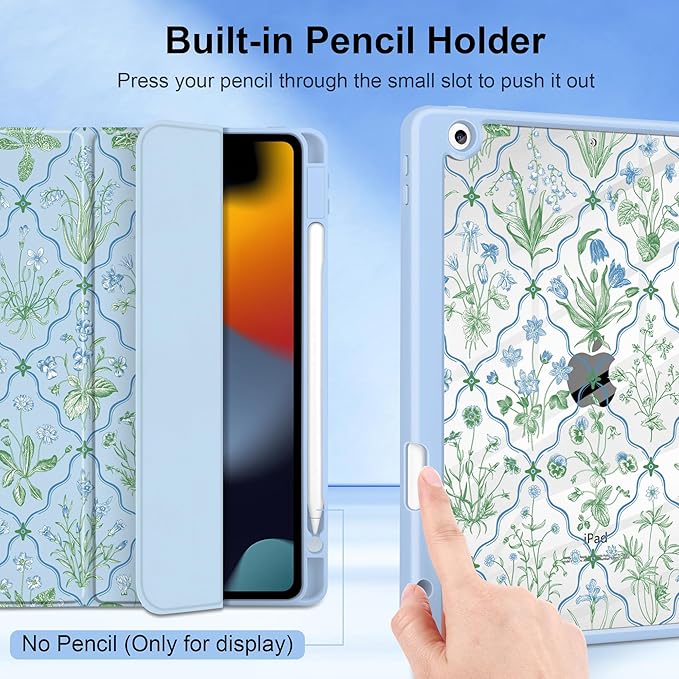 DONGKE for iPad 9th/8th/7th Generation Case 10.2 Inch (2021/2020/2019) [Auto Sleep/Wake &amp Pencil Holder] Clear Acrylic Back Trifold Stand Cover Lattice Floral