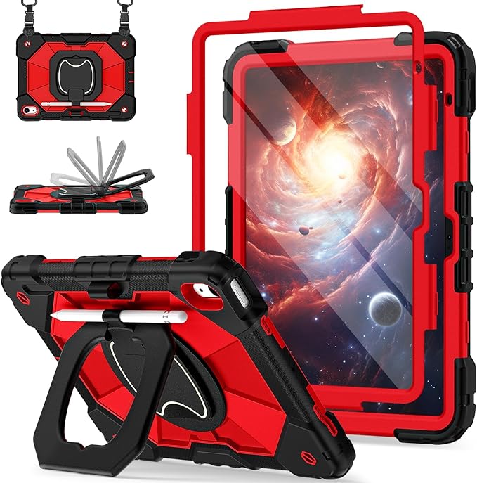 Case for iPad 10th Generation 10.9 Inch (2022) iPad (A16) 11th Generation 11 Inch (2025) Rugged i Pad Case 10th Gen with 360°Rotating Stand Screen Protector Pen Holder Shoulder Strap Red