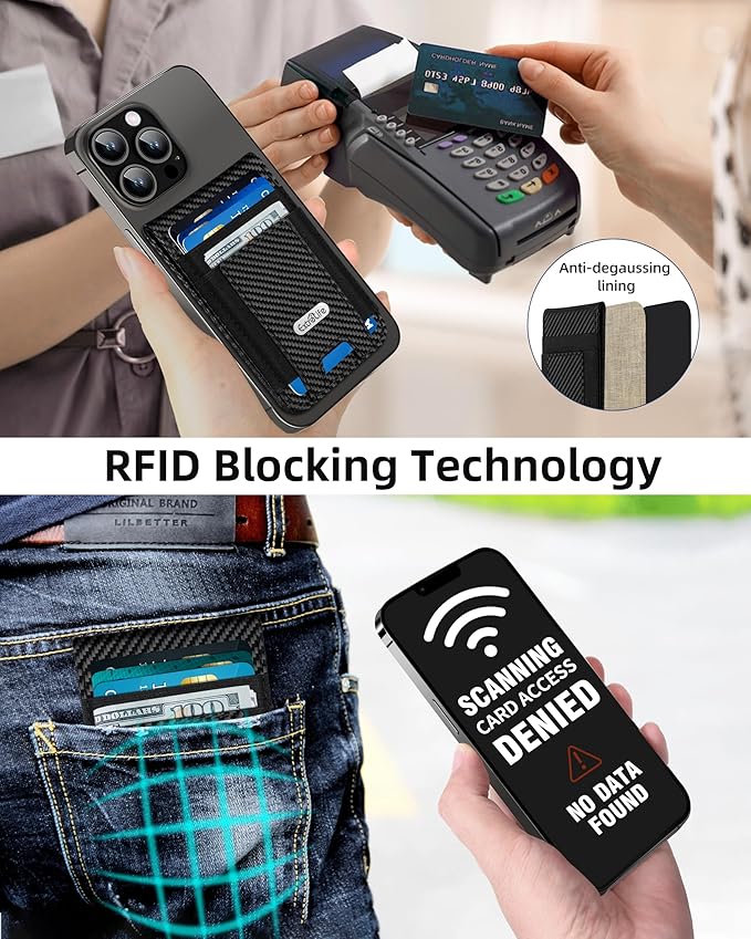 For Magsafe Wallet Stand Strongest Magnetic Wallet for iPhone 17/16/15/14/13/12 Series ID Window 4 Card Slots Fit 9 Cards Vegan Leather RFID Blocking Black Carbon Fiber