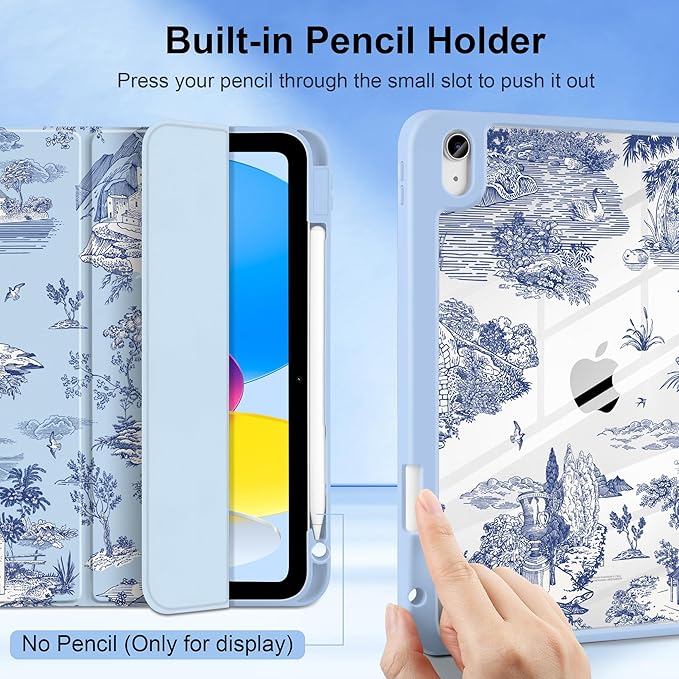 DONGKE Case for iPad (A16) 11th Generation 11 inch 2025 &amp iPad 10th Gen 10.9 inch 2022 [Built-in Pencil Holder] Clear Acrylic Back Trifold Stand Smart Cover Auto Sleep/Wake Toile Pattern