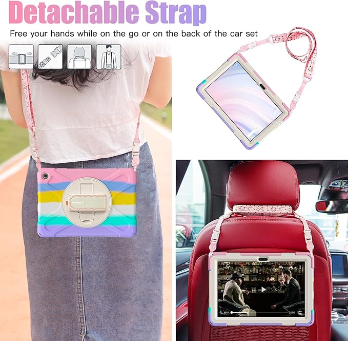 BRAECNstock Kids Case for Amazon Fire HD 10 Tablet 13th Gen 2023 Shockproof Protective Kindle Fire HD 10 Case with Screen Protector Rotating Hand Strap+Stand Shoulder Strap Pen Holder - Colorful Pink