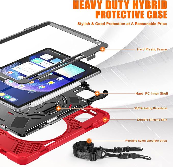 for Xiaomi Mi Pad 6/ Mi Pad 6 Pro Case MiPad 6/ Pad 6 Pro Shockproof Case 11 360 Rotate Stand Hand Strap Shoulder Strap Pencil Holder Protective Cover Tablet for Men Women Kids Red