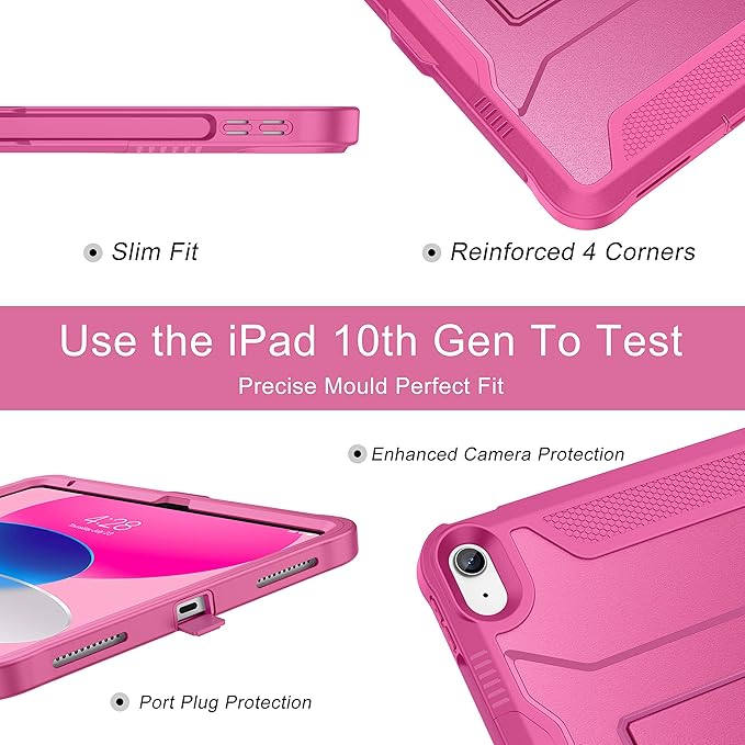 Soke Case for iPad (A16) 11th Generation 11-inch 2025 iPad 10th Generation 10.9-inch 2022 with Built-in Screen Protector and Kickstand Rugged Full Body Protective Cover - Hot Pink