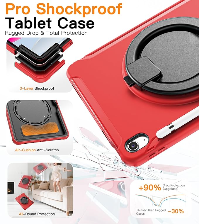 BATYUE Shockproof Case for iPad 10th Gen 10.9 2022 / 11th Gen (A16) 11 2025 | 360° Multi-Angle Stand (Portrait &amp Landscape) &amp Grip Built-in Screen Protector Pencil Holder Red