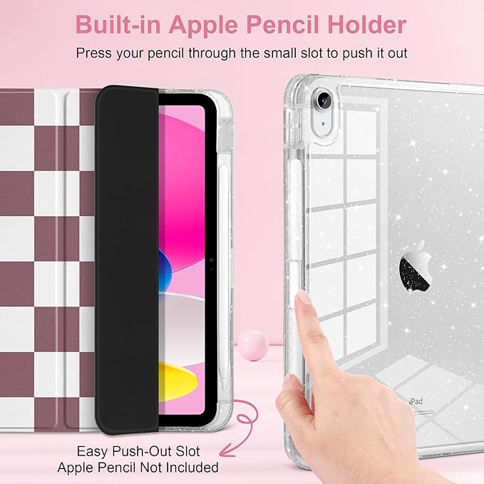 DONGKE for iPad Pro 11 inch Case – Fits M5 2025 / M4 2024 Shockproof Sparkling Glitter Acrylic Back Pencil Holder Trifold Stand Auto Sleep/Wake &amp Touch ID Support - Brown Checkerboard