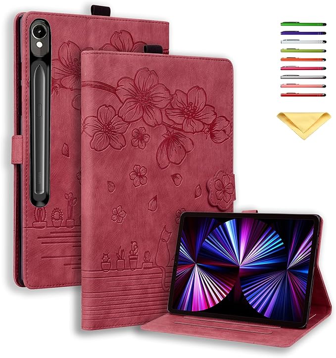 Case for Samsung Galaxy Tab S10 FE+/S10 FE Plus 13.1 Inch 2025 (SM-X620/SM-X626B) with Pencil Holder/Pockets Folio Stand Embossed Cherry Blossom PU Leather Magnetic Wallet Cover Wine Red Cat