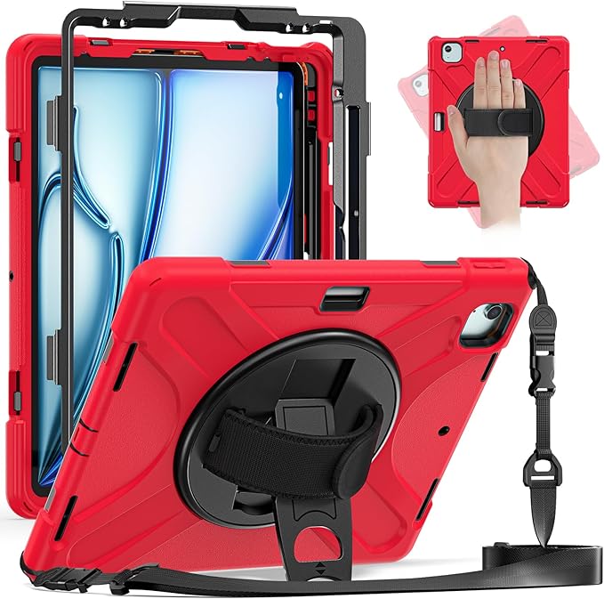 for iPad Air 13-inch M2 (2024) A2898/A2899 for iPad Pro 12.9 Rugged Case Portable Heavy Duty Shock-Proof Armor Cover with Swivel Kickstand/Hand Grip Shoulder Strap Pencil Holder (Red)