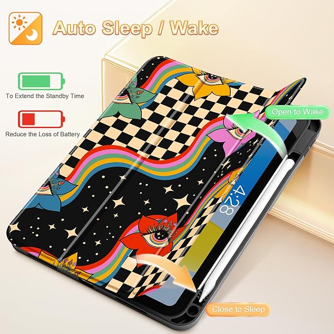 Tuiklol Case for iPad 10.2 Inch 2021 2020 2018 Release 9th / 8th / 7th Generation Built-in Pencil Holder TPU Protective Stand Back Cover Trifold Stand-Auto Wake/Sleep Flowers &amp Eyes