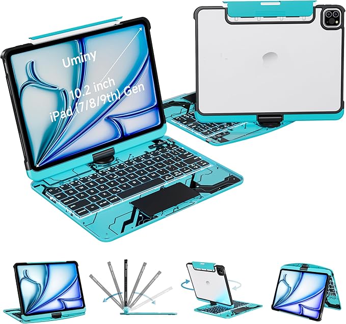 Transparent Keyboard Case for iPad 10.2 inch (9th/8th/7th Gen) with Multi-Touch Trackpad 360° Rotating Stand 7-Color 3-Level Backlit Wireless Bluetooth Pencil HolderBlue