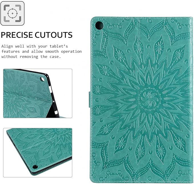 Folio Case for Fire HD 10 (9th/7th/5th Generation 2019/2017/2015 Release) Techcircle Sunflower Embossed Stand Protective Cover with Card/Cash Holder for Amazon Fire HD 10.1 Inch Tablet Green