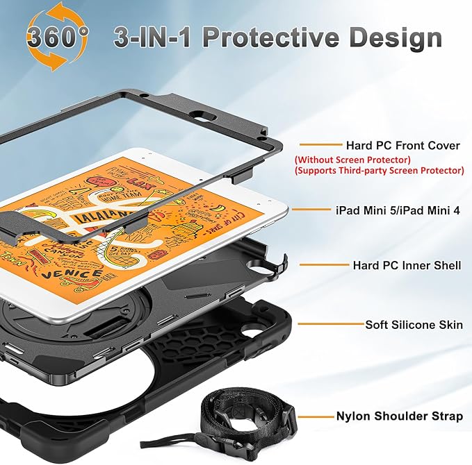 BRAECNstock for Apple iPad mini 5/4 Case 2019/2015 7.9 Shockproof Protective Cover with Pencil Holder Rotating Hand Strap &amp Stand Shoulder Strap Case for iPad mini 5th/4th Generation Black