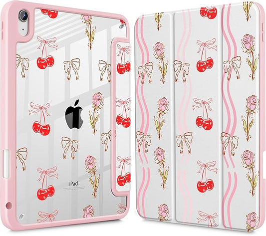 Case for iPad 11 inch A16 2025 Generation 11th / iPad 10.9 inch 2022 10th Gen Buit in Pencil Holder with Shockproof Cover Clear Transparent Back Shell Auto Wake/Sleep Cherry Bow
