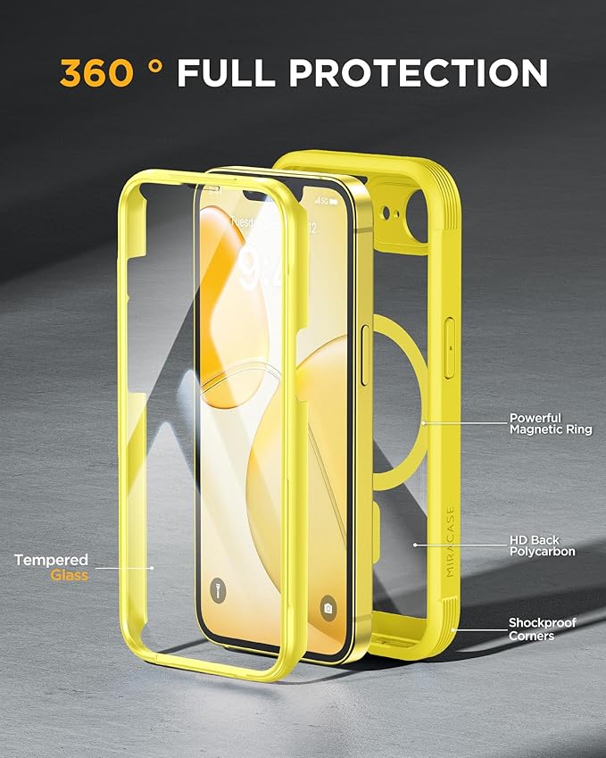 Miracase for iPhone 17e Case &amp iPhone 16e Case Full-Body Phone with Built-in Glass Screen Protector [Magnetic with MagSafe] Military Drop Proof 17 E/ 16 E Cover Bumper 6.1 inch Yellow
