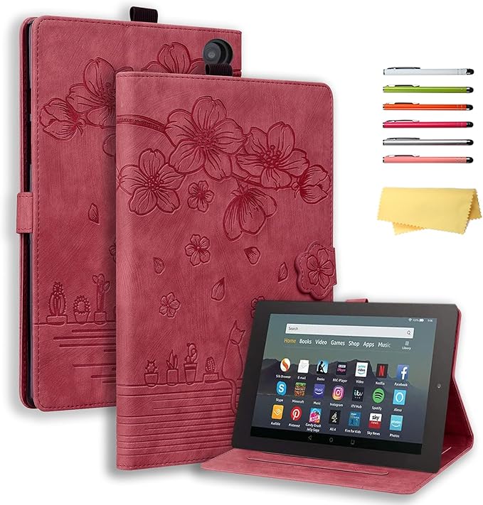 for Amazon Kindle Fire HD 8 &amp Fire HD 8 Plus Case 12th/10th Generation (2024/2022/2020) 8 UUcovers Embossed PU Leather Folio Magneic Cover with Stand/Pencil Holder Cherry Blossom Red Cat