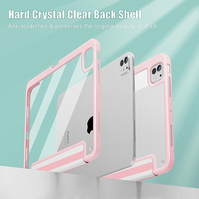 May Chen Case for iPad Pro 11-Inch M5/M4 2025/2024 (6th/5th Generation) [Penceil Holder] Trifold Stand Auto Wake/Sleep Clear TPU Protection Back Cover Pink Stripes