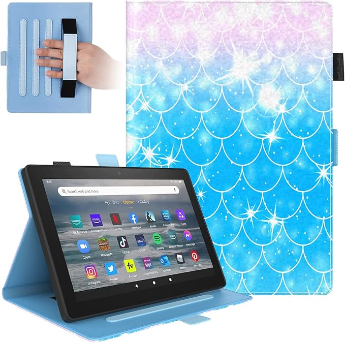 Dteck Folio Case for All-New Kindle Fire HD 10 &amp Fire HD 10 Plus Tablet 11th Generation 10.1 2021 ReleaseShockproof Protective PU Leather Case with Hand Strap Smart Stand Magnetic CoverBling Sc