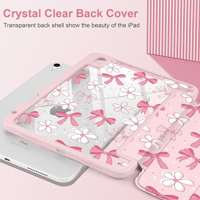DONGKE Case for iPad (A16) 11th Generation 11 inch 2025 &amp iPad 10th Gen 10.9 inch 2022 [Built-in Pencil Holder] Clear Acrylic Back Trifold Stand Smart Cover Auto Sleep/Wake Bow &amp Daisy