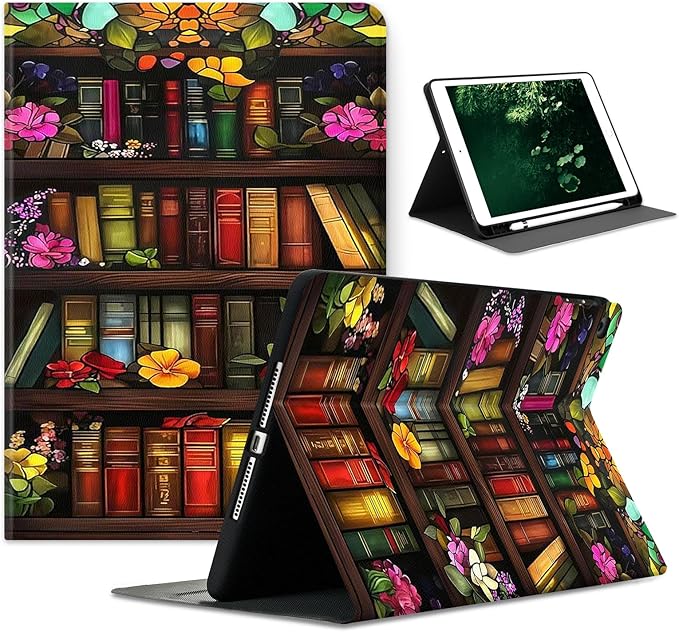 Compatible with iPad Air 13 inch Case (M3 2025 /M2 2024)/12.9 inch Case (6th/5th/4th/3rd 2022/2021/2020/2018) with Pencil HolderAuto Wake/Sleep Protect CoverFloral Library