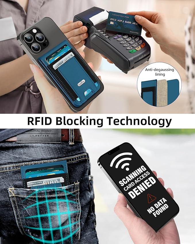 For Magsafe Wallet Stand Strongest Magnetic Phone Wallet Leather Magnetic Card Holder Wallet for iPhone 17/16/15/14/13/12 Series ID Window 4 Card Slots Hold 10 Cards RFID Blocking Blue