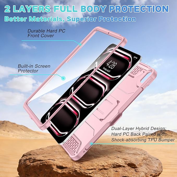 Soke Case for iPad Pro 11 Inch (M5) 2025/ (M4) 2024 with Built-in Screen Protector &amp Kickstand Rugged Full Body Heavy Duty Protective Cover with Pencil Holder - Pink